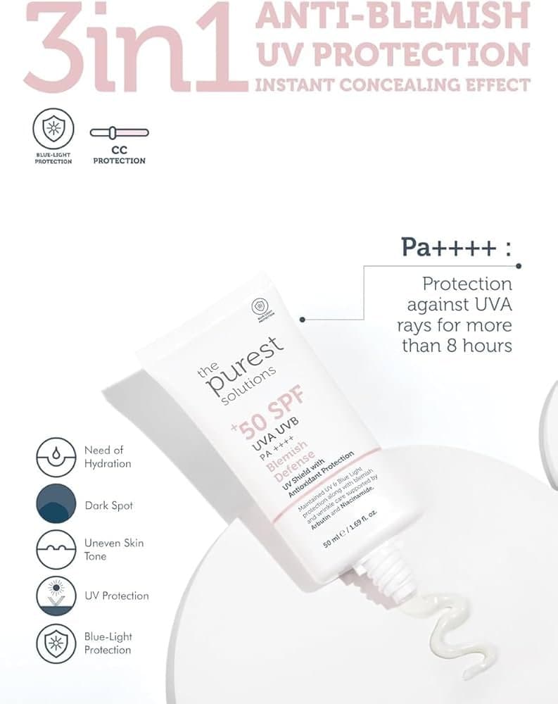 The Purest Solutions SPF50+ Blemish Defense Cream - 50 ml | واقي شمس من ذا بيورست يحتوي لون