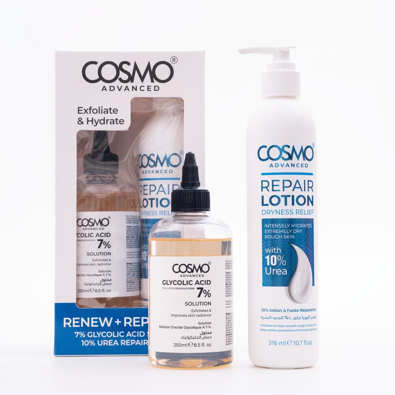 Cosmo Advanced Renew + Repair Set (Glycolic Acid 7% + 10% Urea Repair Lotion) |مجموعة كوزمو أدفانسد للتجديد والترميم - محلول حمض الجليكوليك 7% ولوشن اليوريا 10%
