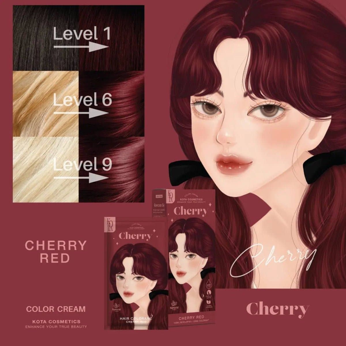 Kota Cosmetics Color Cream - Cherry Red |كوتة كوزمتكس صبغة شعر كريمية - لون تشيري ريد (أحمر كرزي) - خلاصة طبيعية